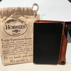 Beautiful hand stitched leather pocket sized note pad and/card holder with pen.